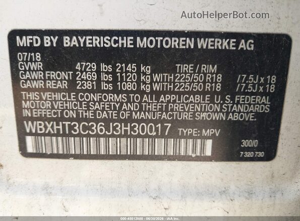 WBXHT3C36J3H30017 2018 BMW X1 White Вид підкапотного простору