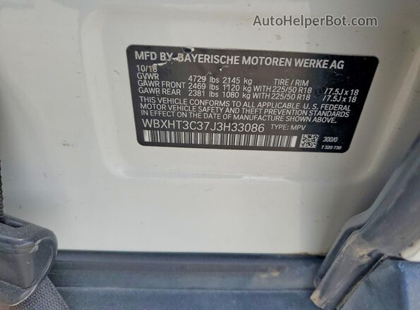 WBXHT3C37J3H33086 2018 BMW X1 White 