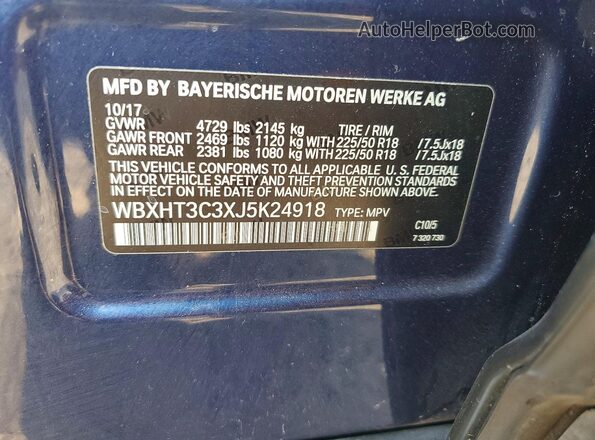 WBXHT3C3XJ5K24918 2018 BMW X1 Blue Widok naklejki z numerem VIN