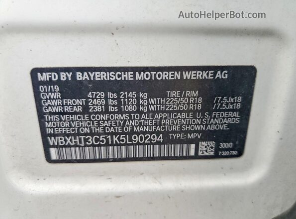 WBXHT3C51K5L90294 2019 BMW X1 White 