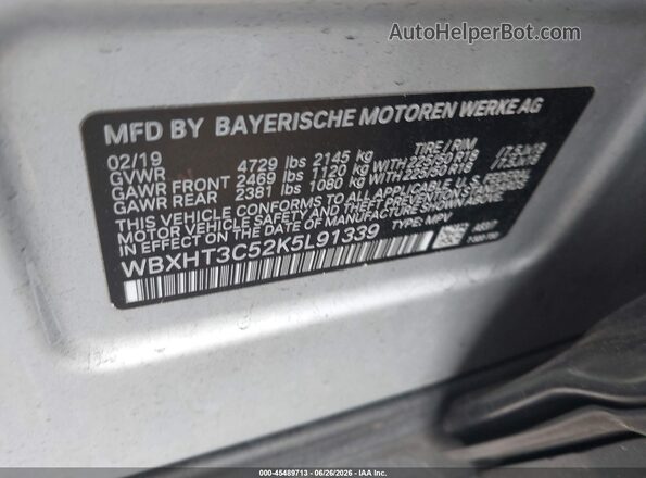 WBXHT3C52K5L91339 2019 BMW X1 Silver Widok komory silnika