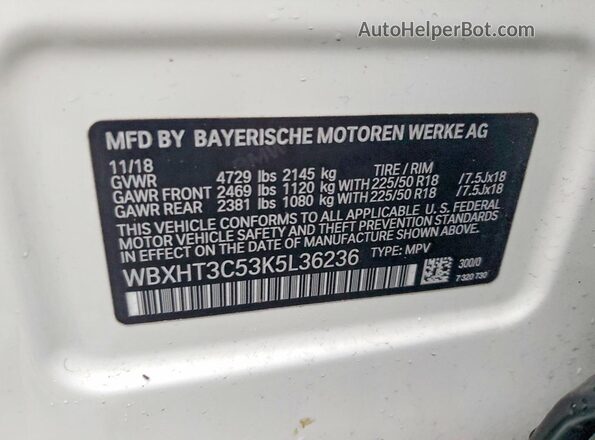 WBXHT3C53K5L36236 2019 BMW X1 White VIN կոդի պիտակի տեսք