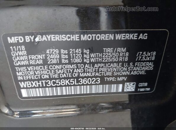 WBXHT3C58K5L36023 2019 BMW X1 Black Widok komory silnika