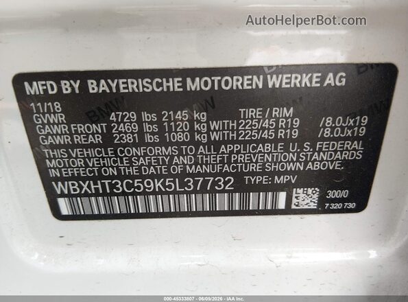 WBXHT3C59K5L37732 2019 BMW X1 White ძრავის განყოფილების ხედი