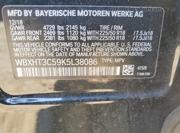 WBXHT3C59K5L38086 2019 BMW X1 Black VIN կոդի պիտակի տեսք