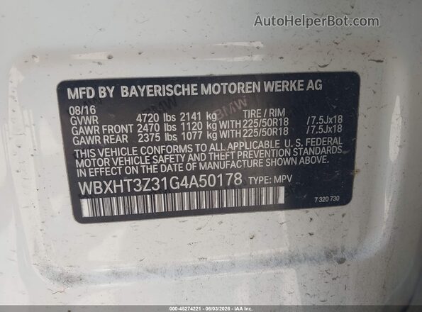 WBXHT3Z31G4A50178 2016 BMW X1 White Շարժիչի բաժամունքի տեսք