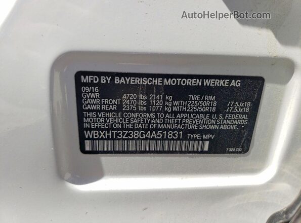 WBXHT3Z38G4A51831 2016 BMW X1 White Widok naklejki z numerem VIN
