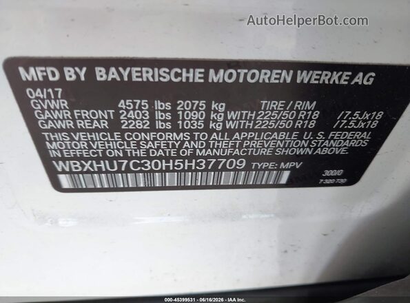 WBXHU7C30H5H37709 2017 BMW X1 White Շարժիչի բաժամունքի տեսք