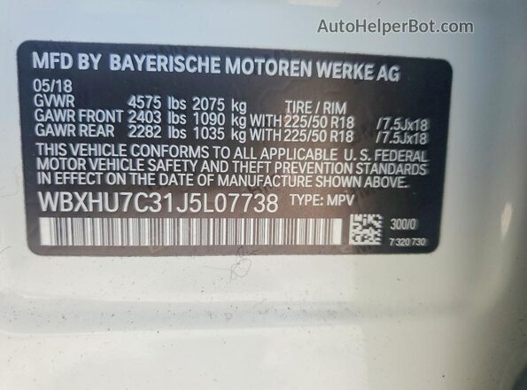 WBXHU7C31J5L07738 2018 BMW X1 White Widok naklejki z numerem VIN