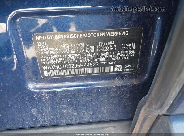 WBXHU7C32J5H44523 2018 BMW X1 Blue Vista del compartimento del motor