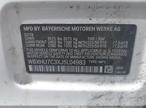 WBXHU7C3XJ5L04983 2018 BMW X1 White Widok komory silnika