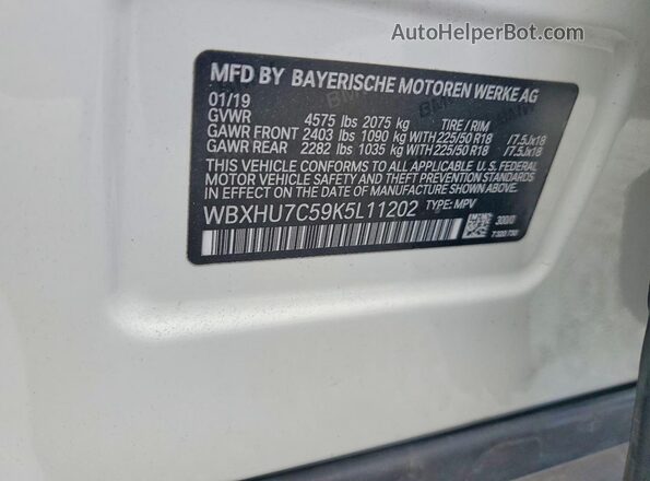WBXHU7C59K5L11202 2019 BMW X1 White Вид наклейки з VIN-кодом