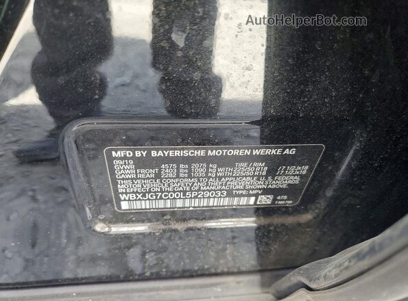WBXJG7C00L5P29033 2020 BMW X1 Black VIN კოდის სტიკერის ხედი