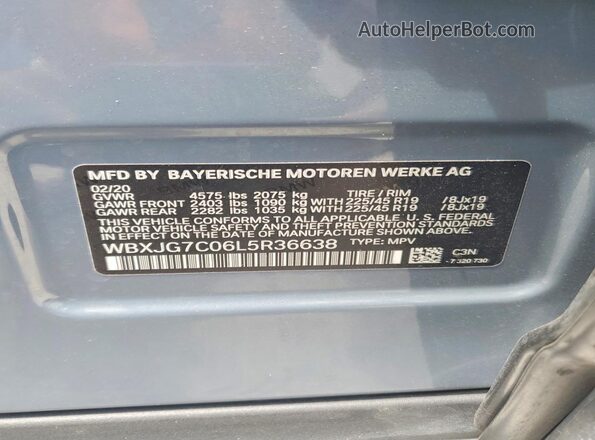 WBXJG7C06L5R36638 2020 BMW X1 Blue VIN կոդի պիտակի տեսք