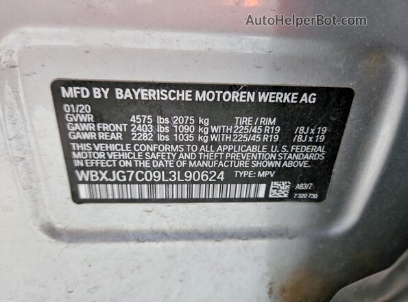 WBXJG7C09L3L90624 2020 BMW X1 Silver VIN sticker view