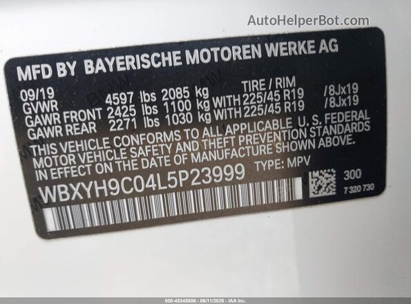 WBXYH9C04L5P23999 2020 BMW X2 White Engine compartment view