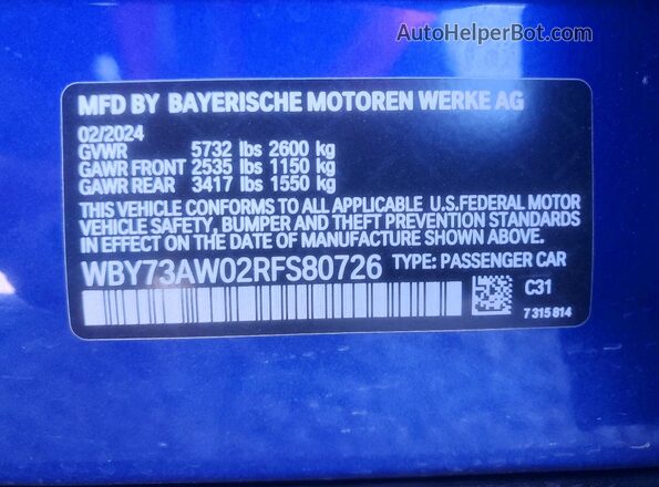 WBY73AW02RFS80726 2024 BMW I4 Blue VIN sticker view