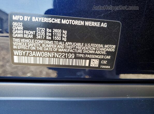 WBY73AW08NFN22199 2022 BMW I4 Blue Vista de la etiqueta del VIN