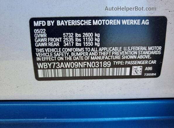 WBY73AW09NFN03189 2022 BMW I4 White VIN sticker view