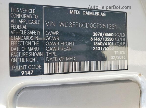 WD3FE8CD0GP251251 2016 MERCEDES-BENZ SPRINTER White VIN sticker view