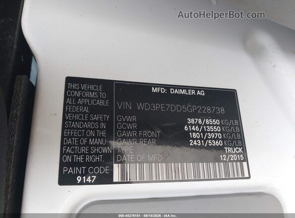 WD3PE7DD5GP228738 2016 MERCEDES-BENZ SPRINTER White Вид підкапотного простору