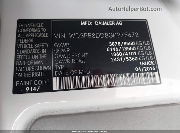 WD3PE8DD8GP275672 2016 MERCEDES-BENZ SPRINTER White 