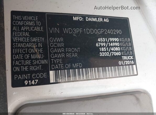 WD3PF1DD0GP240290 2016 MERCEDES-BENZ SPRINTER White Շարժիչի բաժամունքի տեսք