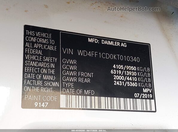WD4FF1CD0KT010340 2019 MERCEDES-BENZ SPRINTER Gray 