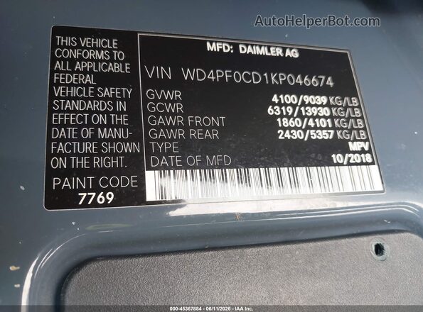 WD4PF0CD1KP046674 2019 MERCEDES-BENZ SPRINTER Gray 