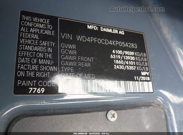 WD4PF0CD4KP054283 2019 MERCEDES-BENZ SPRINTER Blue ძრავის განყოფილების ხედი