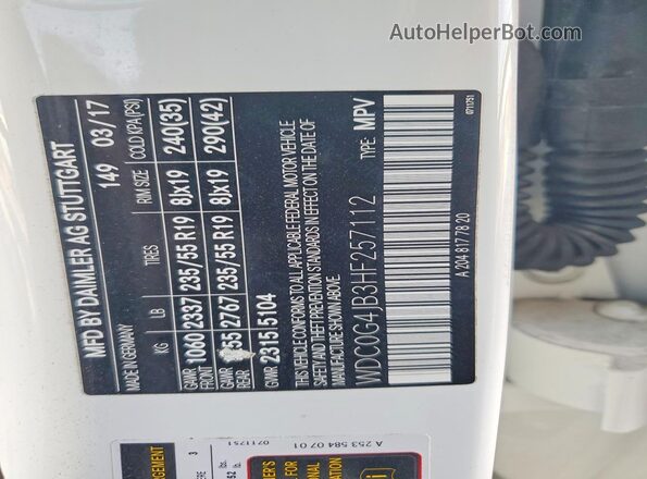 WDC0G4JB3HF257112 2017 MERCEDES-BENZ GLC-CLASS White Панорамний вид салону 360°