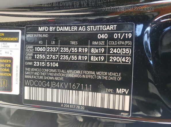 WDC0G4JB4KV167111 2019 MERCEDES-BENZ GLC-CLASS Black VIN კოდის სტიკერის ხედი