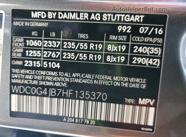 WDC0G4JB7HF135370 2017 MERCEDES-BENZ GLC-CLASS Gray VIN კოდის სტიკერის ხედი
