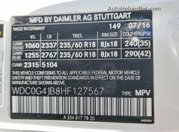 WDC0G4JB8HF127567 2017 MERCEDES-BENZ GLC-CLASS Белый Вид наклейки с VIN-кодом