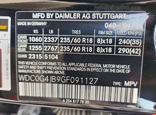 WDC0G4JB9GF091127 2016 MERCEDES-BENZ GLC-CLASS Черный Вид наклейки с VIN-кодом