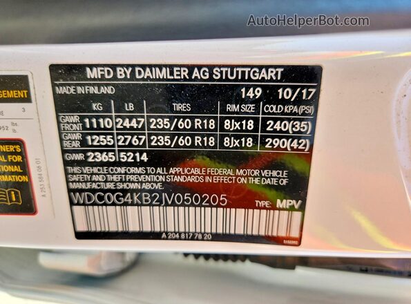 WDC0G4KB2JV050205 2018 MERCEDES-BENZ GLC-CLASS Белый Вид наклейки с VIN-кодом