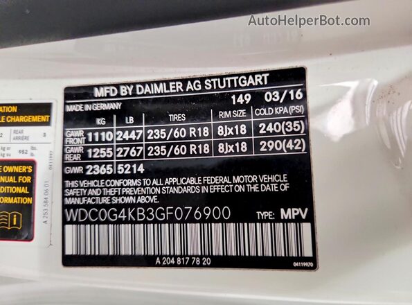 WDC0G4KB3GF076900 2016 MERCEDES-BENZ GLC-CLASS White Widok naklejki z numerem VIN