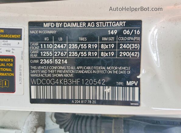 WDC0G4KB3HF120542 2017 MERCEDES-BENZ GLC-CLASS White VIN კოდის სტიკერის ხედი