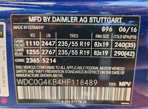 WDC0G4KB4HF118489 2017 MERCEDES-BENZ GLC-CLASS Blue VIN sticker view