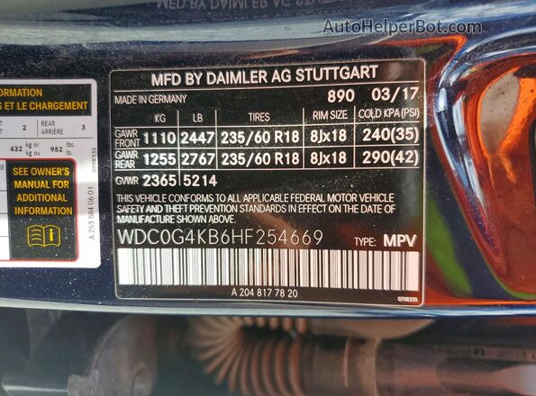 WDC0G4KB6HF254669 2017 MERCEDES-BENZ GLC-CLASS Синий Вид наклейки с VIN-кодом