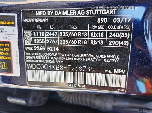 WDC0G4KB8HF258738 2017 MERCEDES-BENZ GLC-CLASS Blue VIN კოდის სტიკერის ხედი