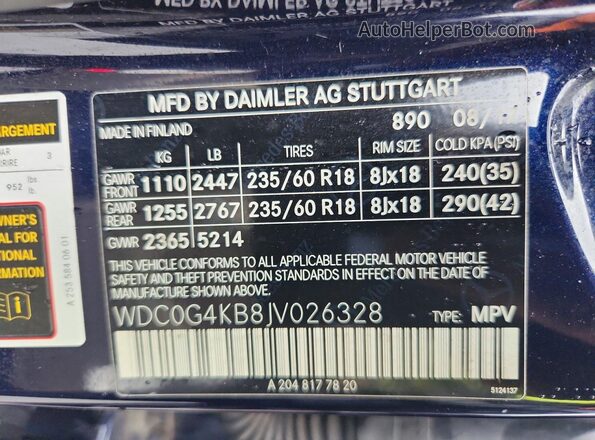 WDC0G4KB8JV026328 2018 MERCEDES-BENZ GLC-CLASS Синий Вид наклейки с VIN-кодом