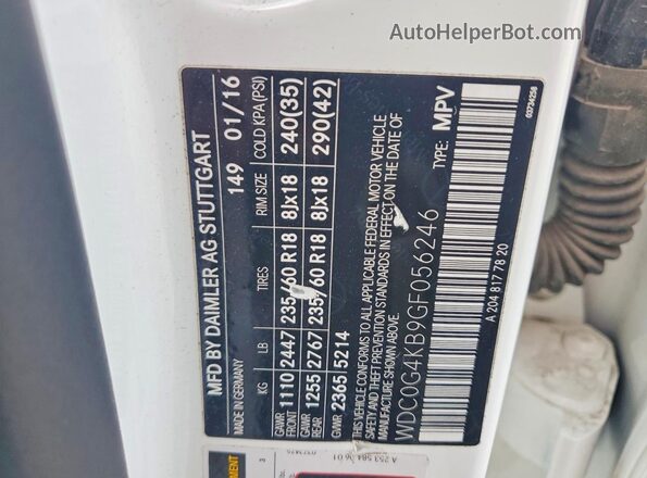 WDC0G4KB9GF056246 2016 MERCEDES-BENZ GLC-CLASS White VIN კოდის სტიკერის ხედი