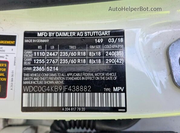 WDC0G4KB9JF438882 2018 MERCEDES-BENZ GLC-CLASS Белый 