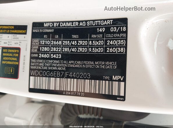 WDC0G6EB7JF440203 2018 MERCEDES-BENZ AMG GLC 43 White Vista del compartimento del motor