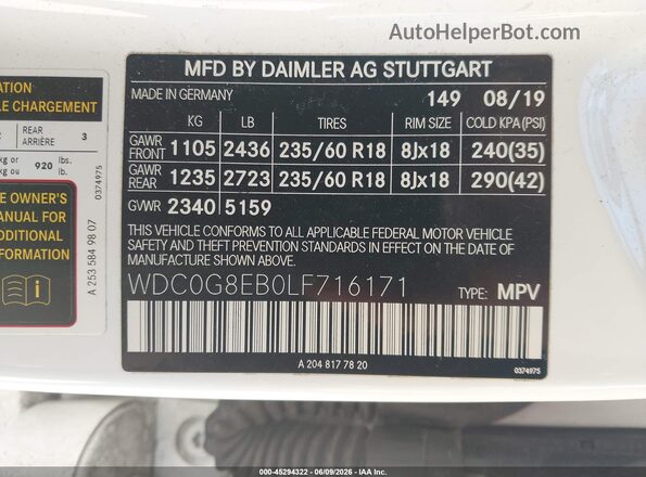WDC0G8EB0LF716171 2020 MERCEDES-BENZ GLC 300 White Вид підкапотного простору