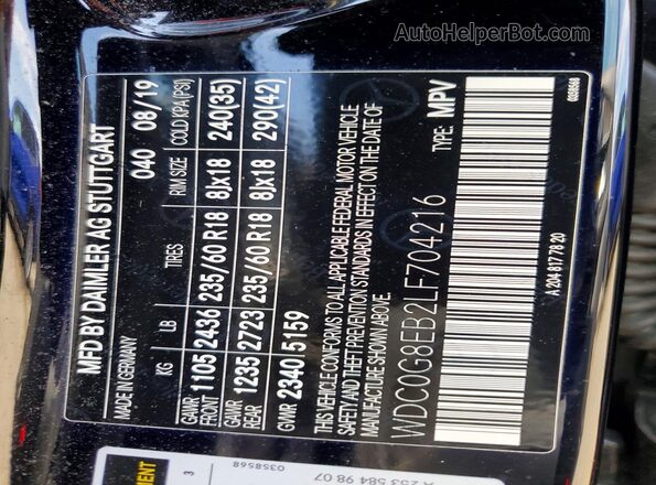 WDC0G8EB2LF704216 2020 MERCEDES-BENZ GLC-CLASS Black VIN კოდის სტიკერის ხედი