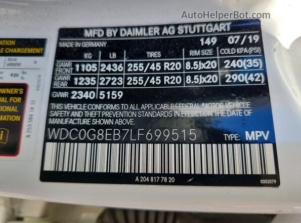 WDC0G8EB7LF699515 2020 MERCEDES-BENZ GLC-CLASS Белый Вид наклейки с VIN-кодом