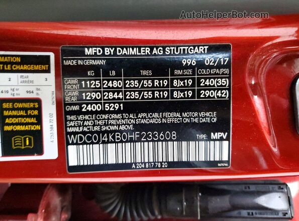 WDC0J4KB0HF233608 2017 MERCEDES-BENZ GLC-CLASS Red VIN კოდის სტიკერის ხედი