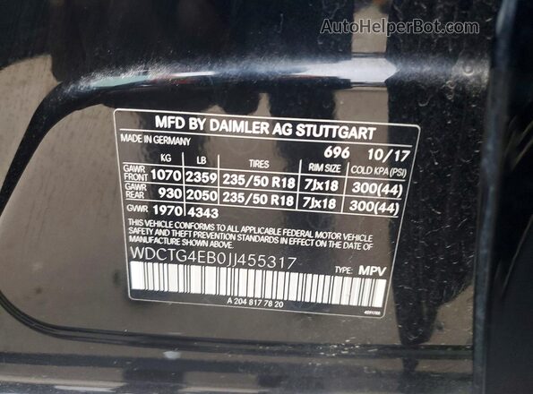 WDCTG4EB0JJ455317 2018 MERCEDES-BENZ GLA Black VIN sticker view